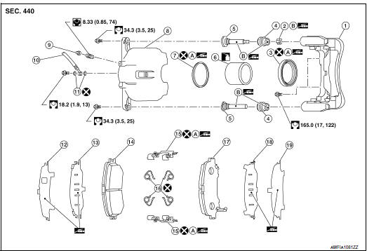 Brake caliper assembly (1 piston type) : exploded view