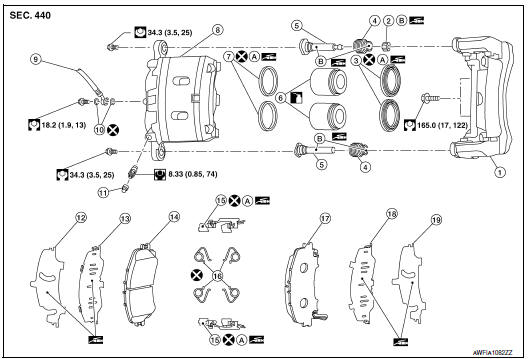 Brake caliper assembly (2 piston type) : exploded view