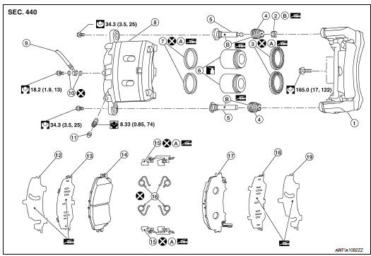 Brake caliper assembly (2 piston type) : exploded view